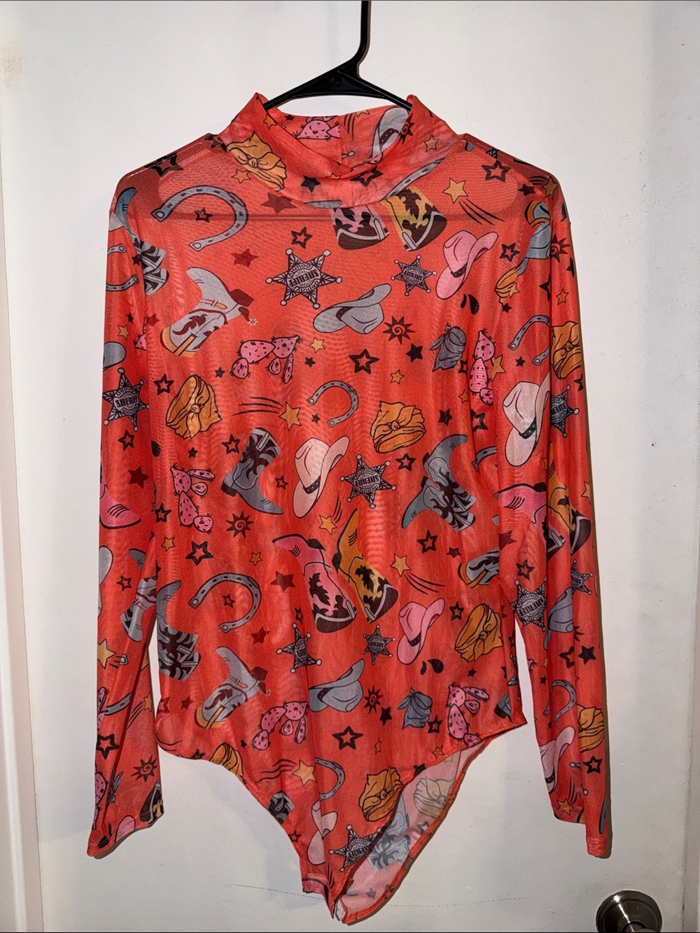 Sheer Red Western Print Long-Sleeve Bodysuit